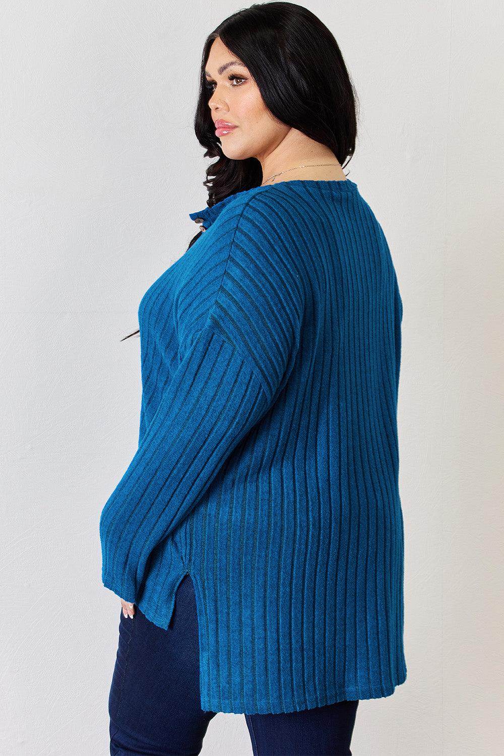 Basic Bae Full Size Ribbed Half Button Long Sleeve T-Shirt - Selvanelle