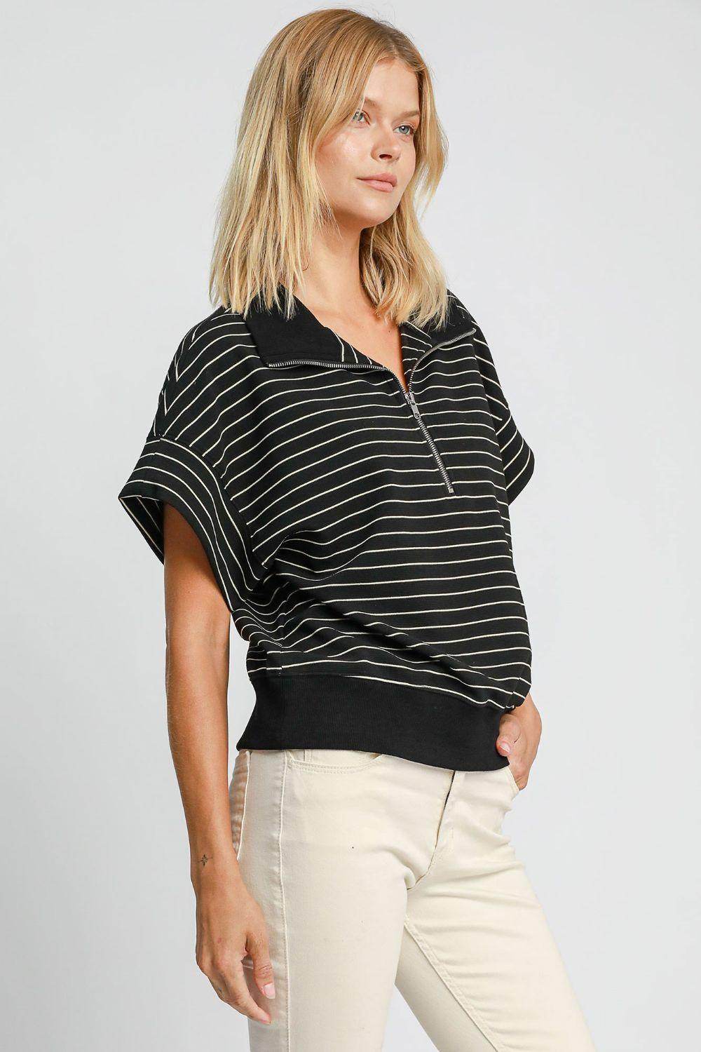 Umgee Striped Half Zip Short Sleeve Sweatshirt for Women - Selvanelle