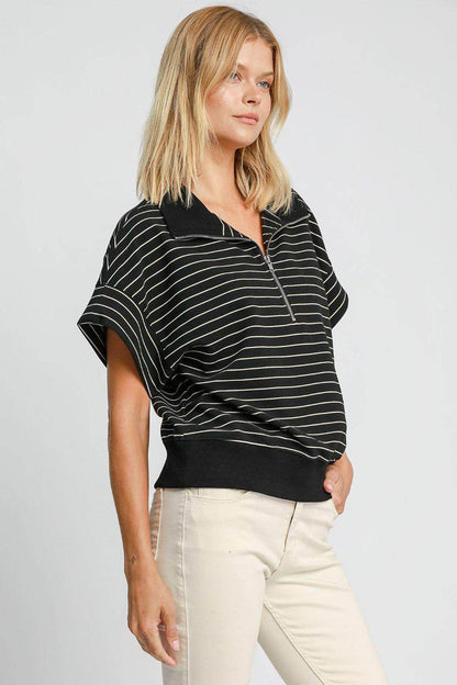 Umgee Striped Half Zip Short Sleeve Sweatshirt for Women - Selvanelle