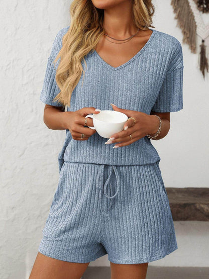Mandy V-Neck Short Sleeve Top and Shorts Set for Women - Selvanelle