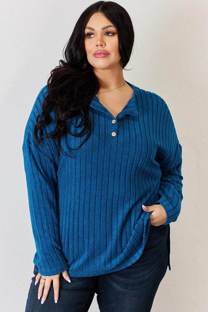 Basic Bae Full Size Ribbed Half Button Long Sleeve T-Shirt - Selvanelle