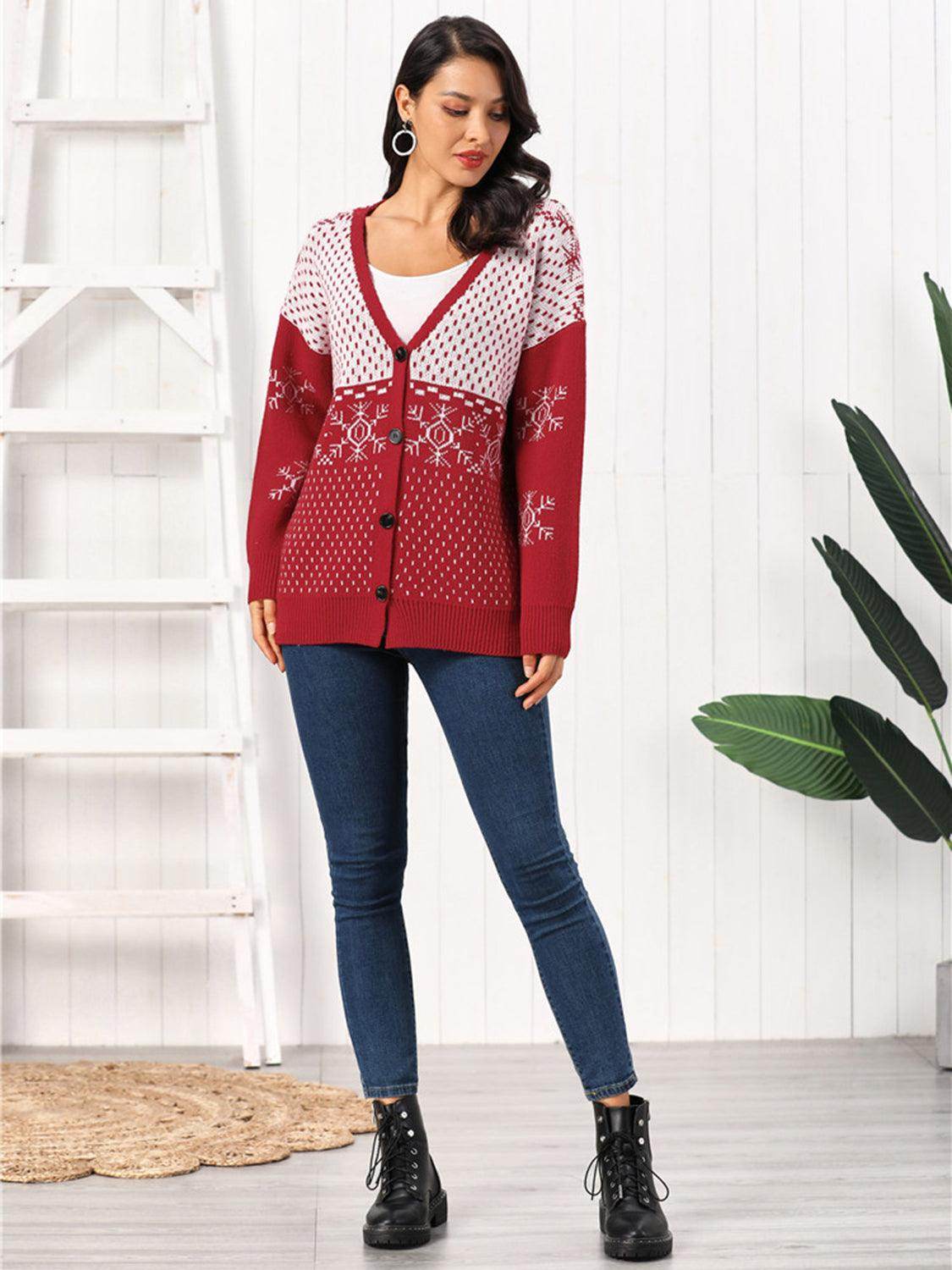 Snowflake Button Down Cardigan in Soft Stretchy Acrylic - Selvanelle