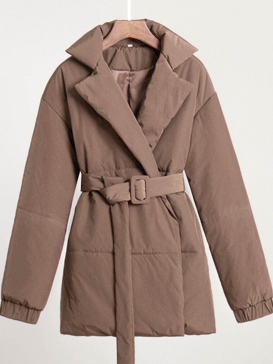 Puffer Long Sleeve Winter Coat with Belt for Women - Selvanelle