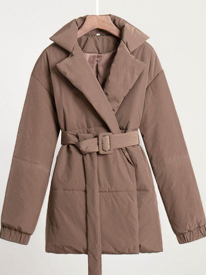 Puffer Long Sleeve Winter Coat with Belt for Women - Selvanelle