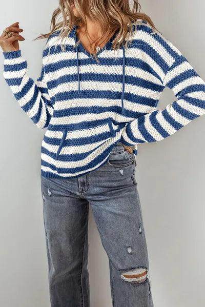 Drawstring Striped Long Sleeve Hooded Sweater for Women - Selvanelle