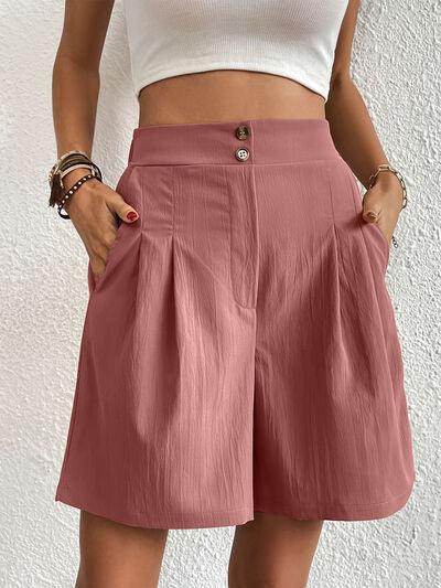Pocketed Half Elastic Waist Shorts with Side Pockets - Selvanelle