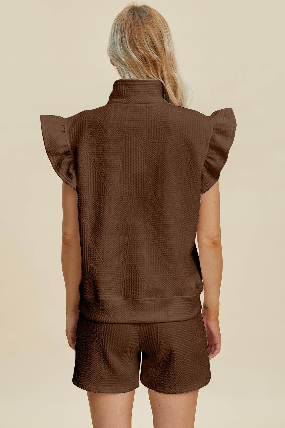 Double Take Full Size Texture Flounce Sleeve Top and Shorts Set - Selvanelle