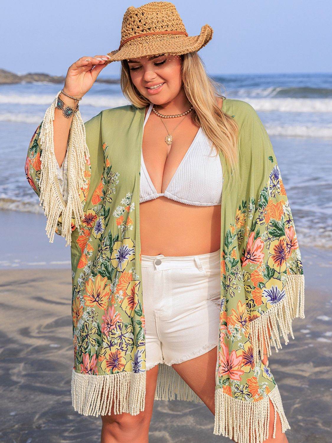 Plus Size Fringe Open Front Cover-Up - Selvanelle