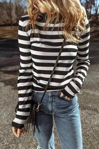 Striped Turtleneck Long Sleeve Knit Top for Women Fashion - Selvanelle