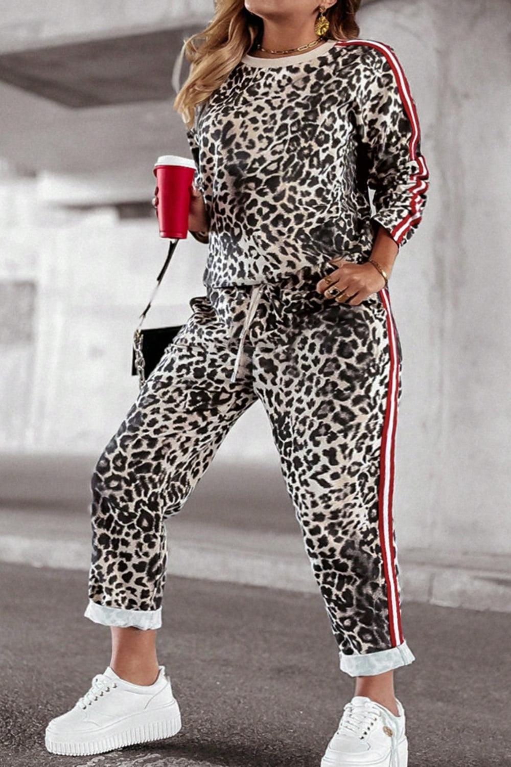 Plus Size Leopard Round Neck Top and Pants Set for Women