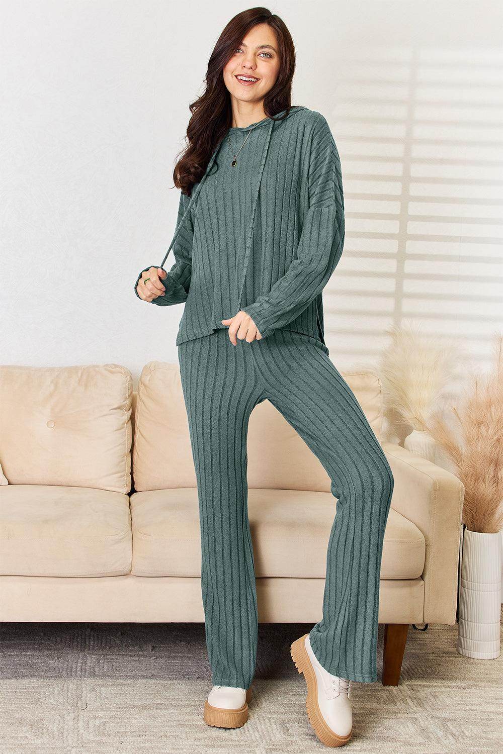 Basic Bae Full Size Ribbed Drawstring Hooded Top Set - Selvanelle