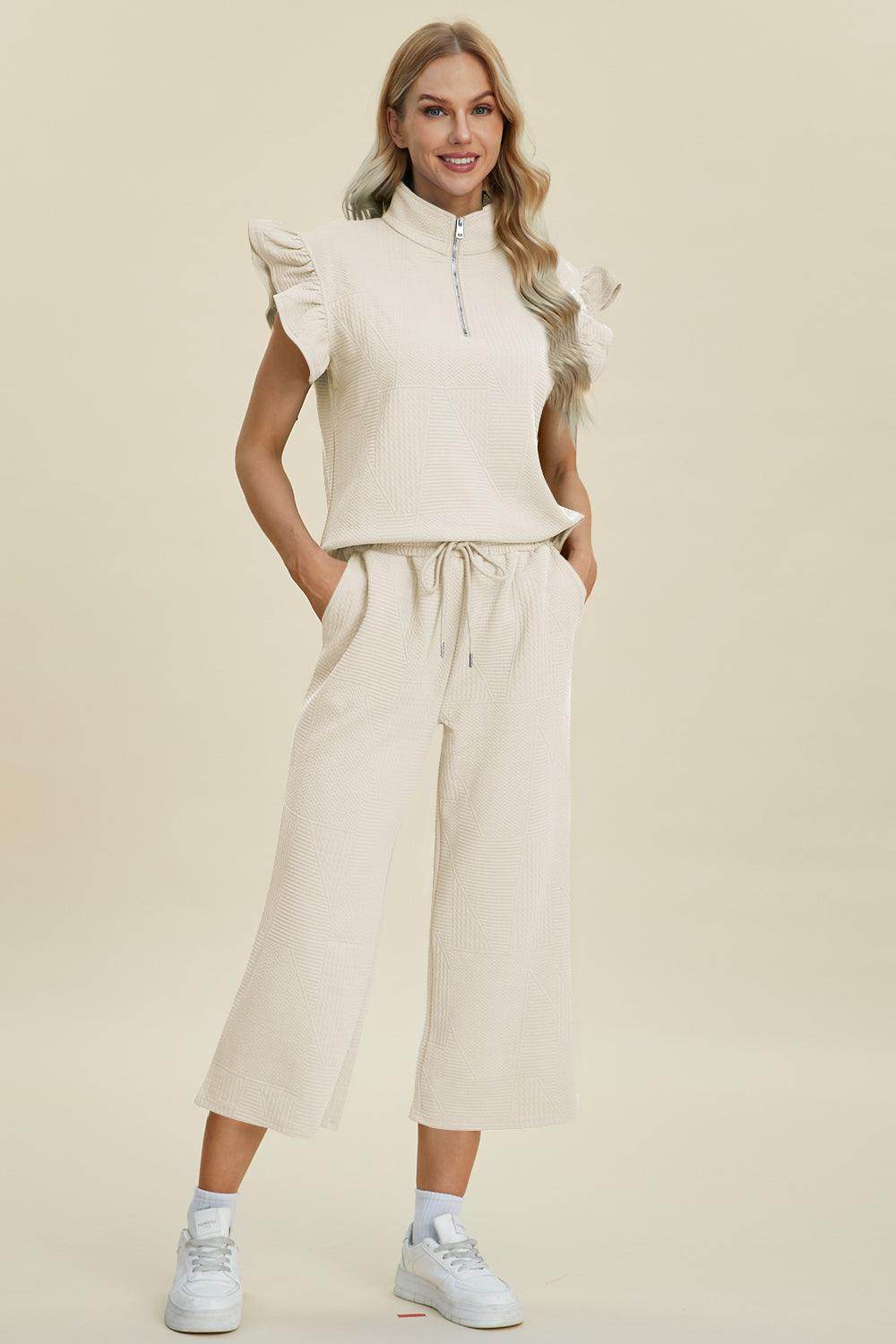 Double Take Full Size Texture Ruffle Top and Pants Set - Selvanelle