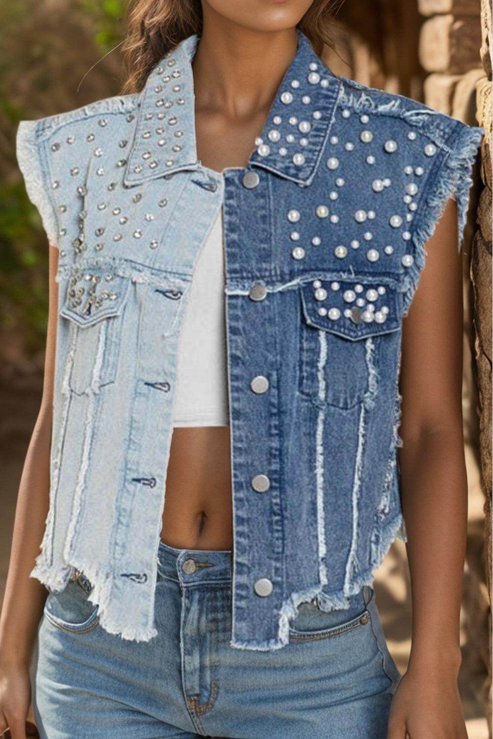 Pearl Raw Hem Sleeveless Denim Jacket for Women Stylish - Selvanelle
