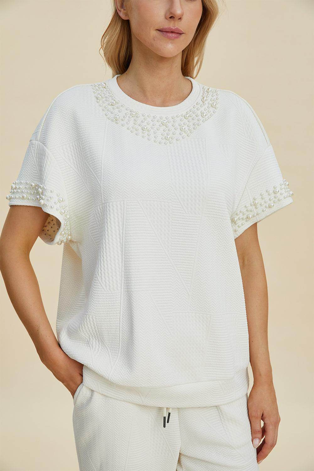 Double Take Full Size Pearl Detail Round Neck Top Pants Set - Selvanelle