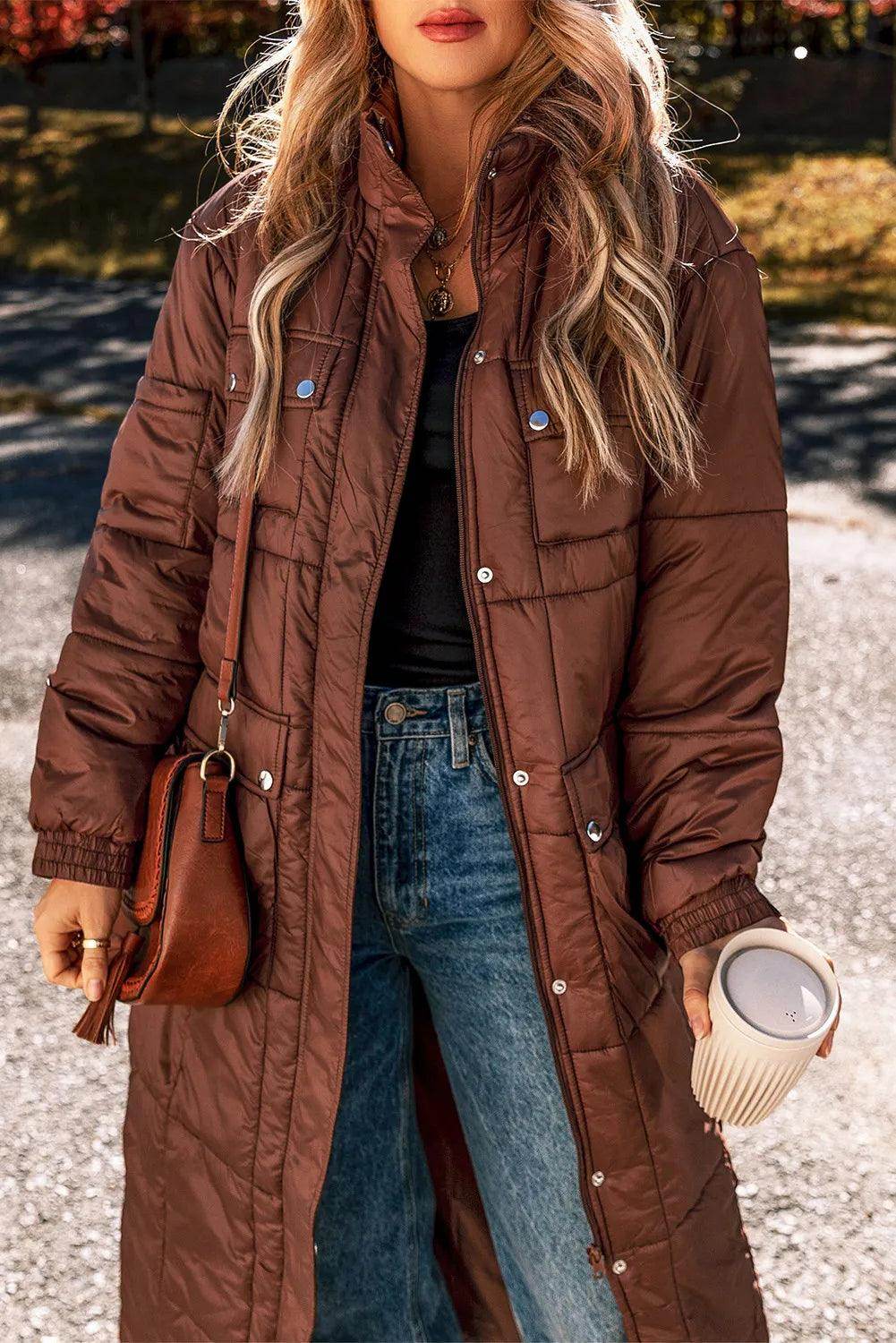 Pocketed Bubble Texture Long Sleeve Longline Winter Coat - Selvanelle