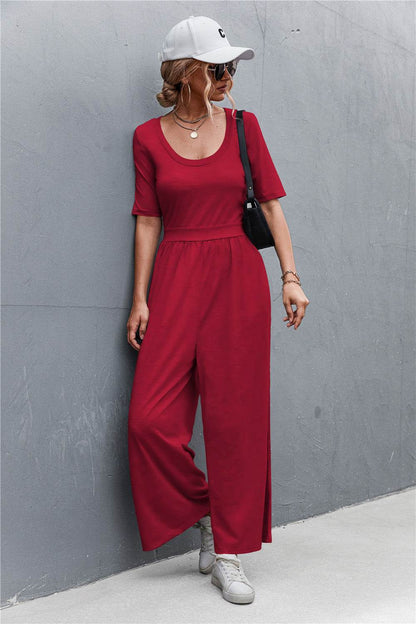Scoop Neck Half Sleeve Wide Leg Jumpsuit - Selvanelle
