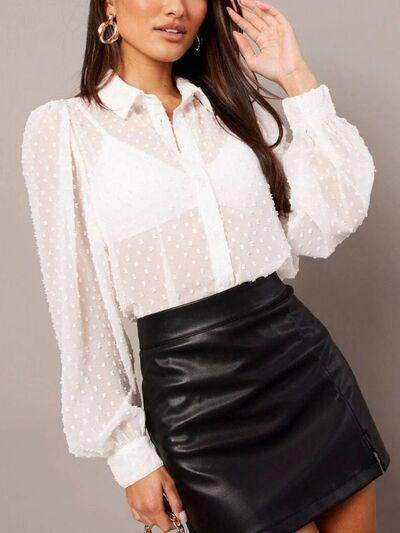 Swiss Dot Collared Neck Long Sleeve Shirt for Women - Selvanelle