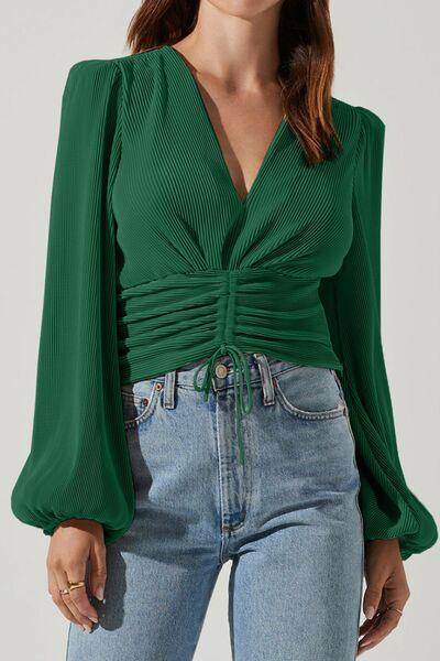 Drawstring V-Neck Long Sleeve Blouse for Women Stylish - Selvanelle