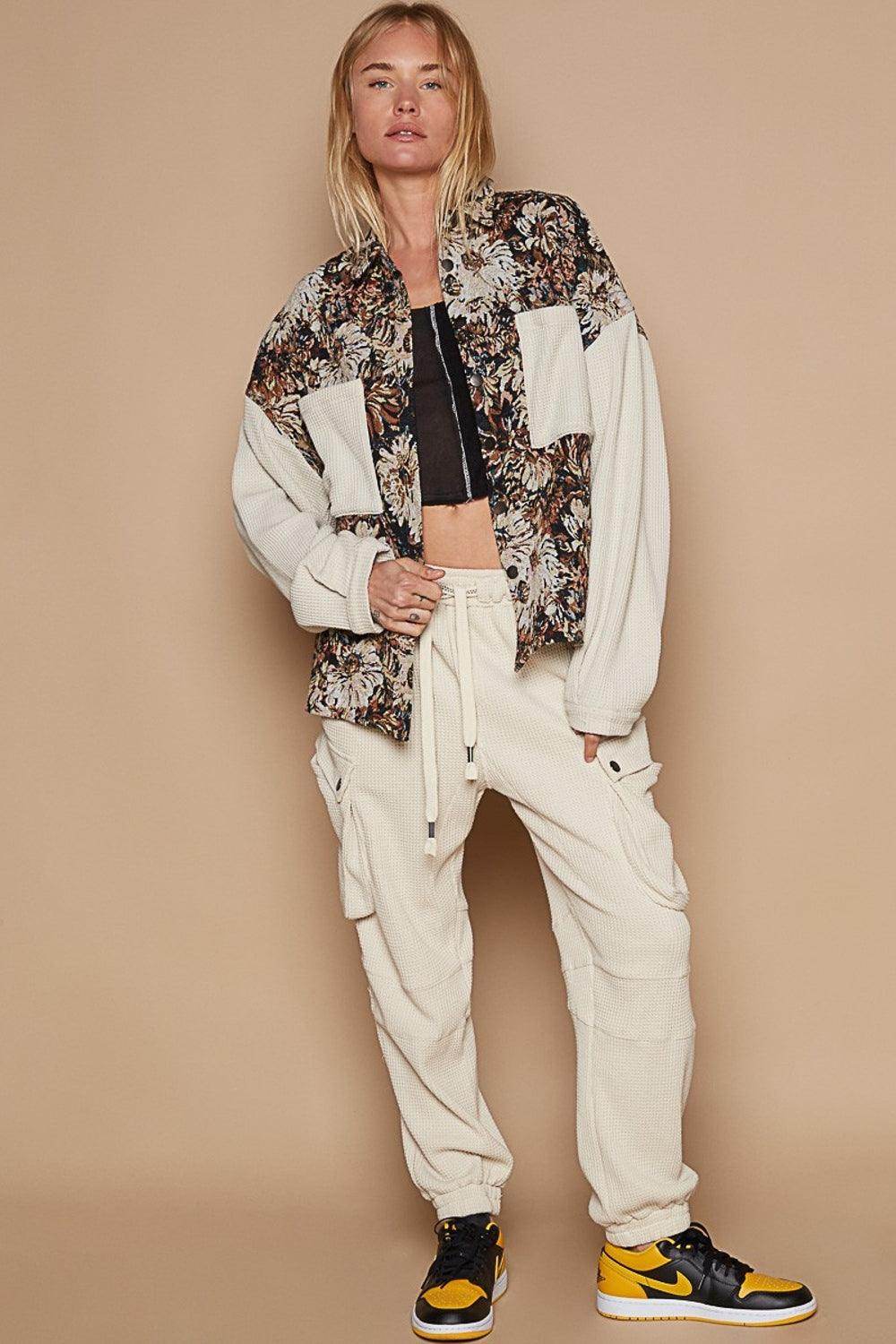 POL Contrast Sleeves Button Down Floral Jacquard Shirt - Selvanelle