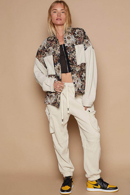 POL Contrast Sleeves Button Down Floral Jacquard Shirt - Selvanelle