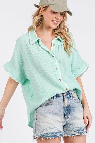 SAGE+FIG Boho Contrast Zigzag Trim Button-Up Shirt - Selvanelle