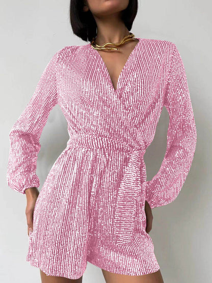 Full Size Sequin Surplice Tie Waist Long Sleeve Romper - Selvanelle