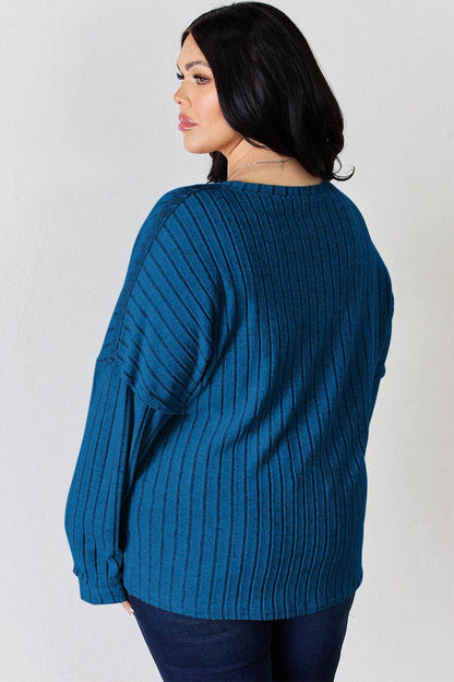 Basic Bae Full Size Ribbed Half Button Long Sleeve T-Shirt - Selvanelle