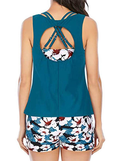 Cutout Printed Round Neck Three-Piece Swim Set - Selvanelle