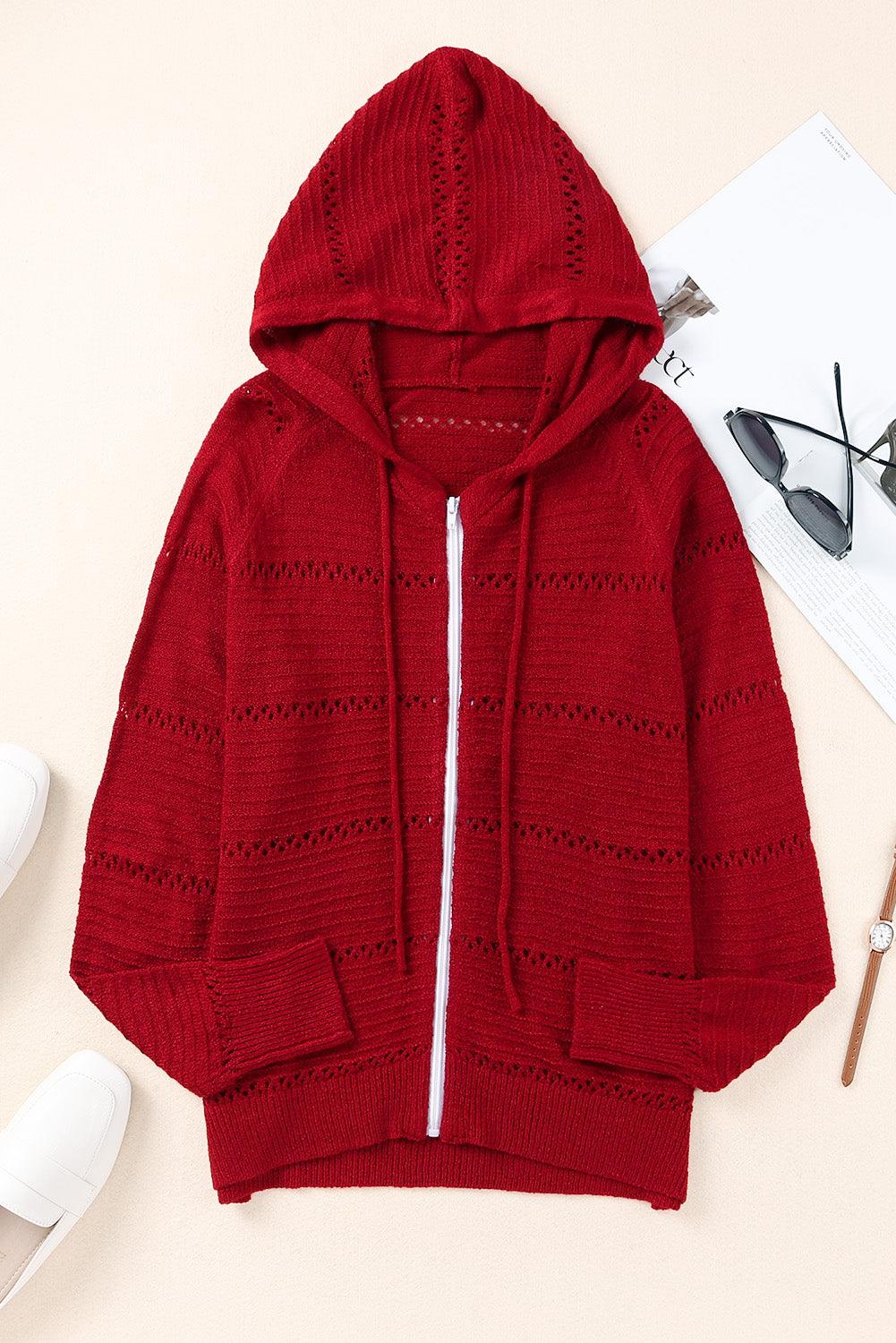 Zip-Up Raglan Sleeve Openwork Hooded Cardigan for Women