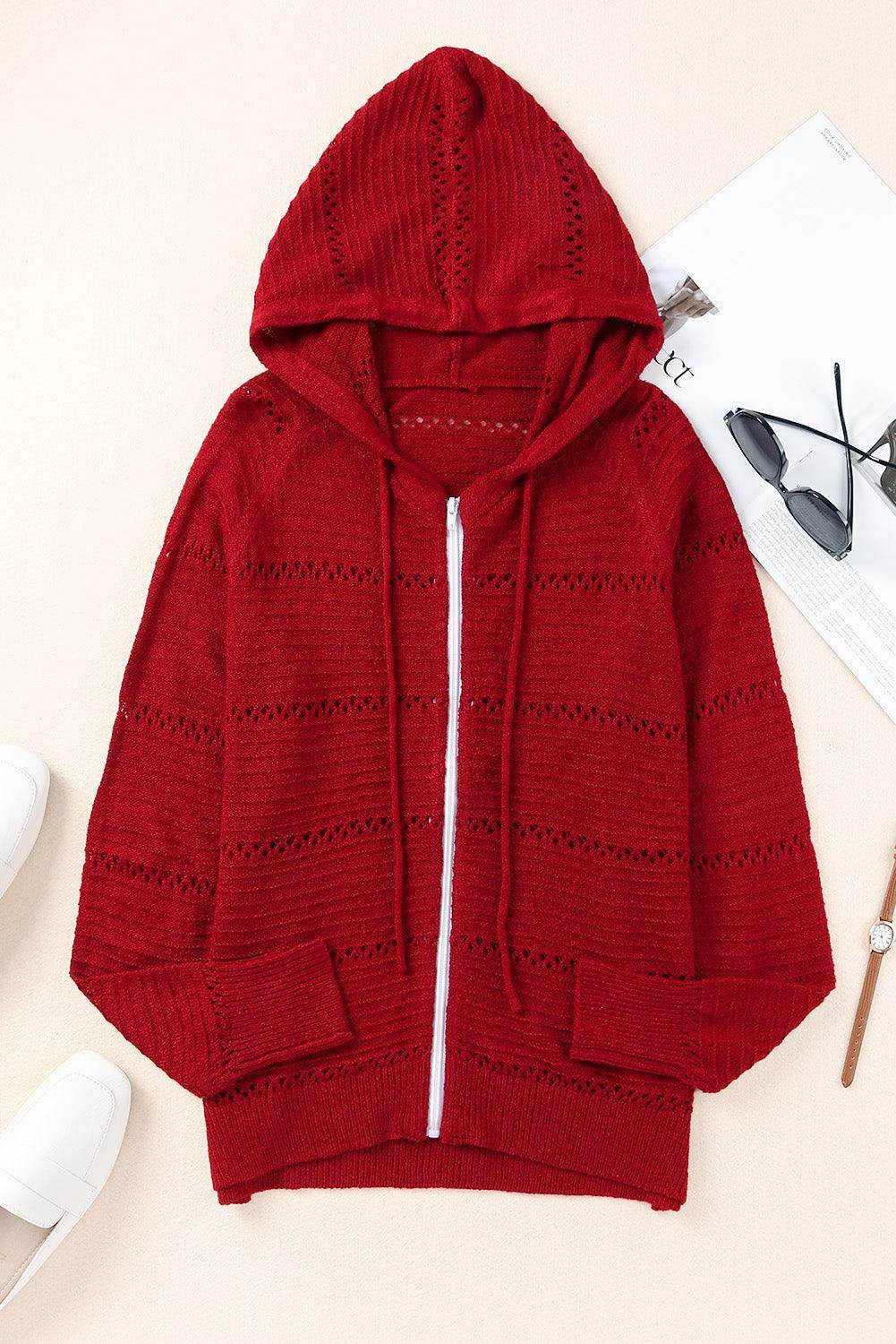 Zip-Up Raglan Sleeve Openwork Hooded Cardigan for Women - Selvanelle