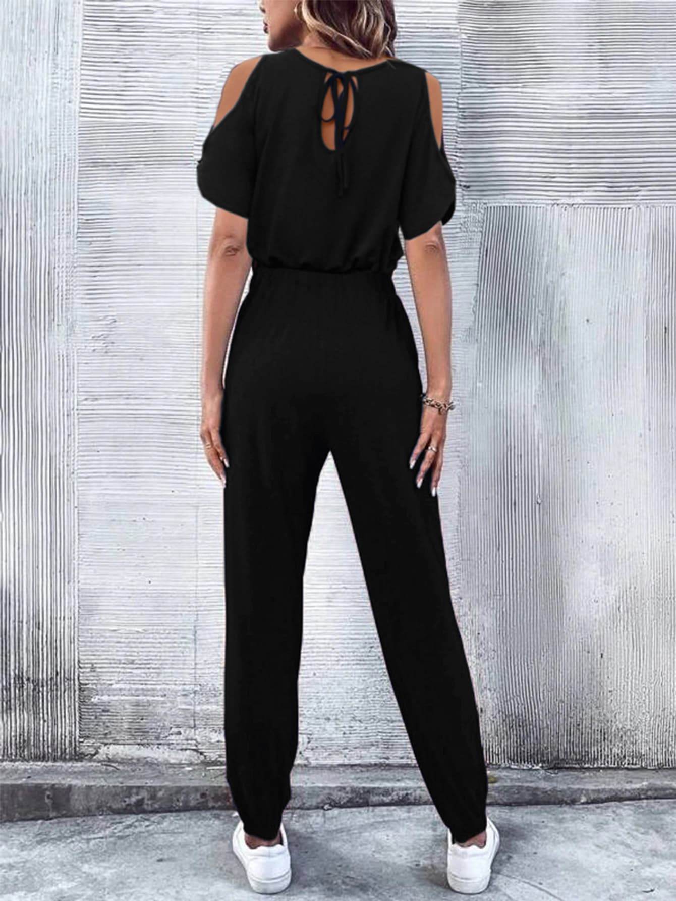 V-Neck Cold-Shoulder Jumpsuit with Pockets - Selvanelle