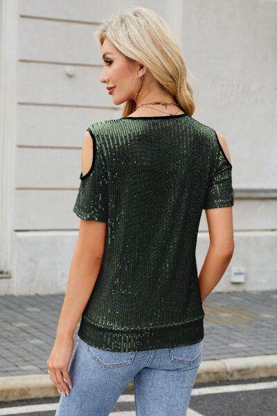 Sequin Cold Shoulder Short Sleeve Blouse for Women - Selvanelle