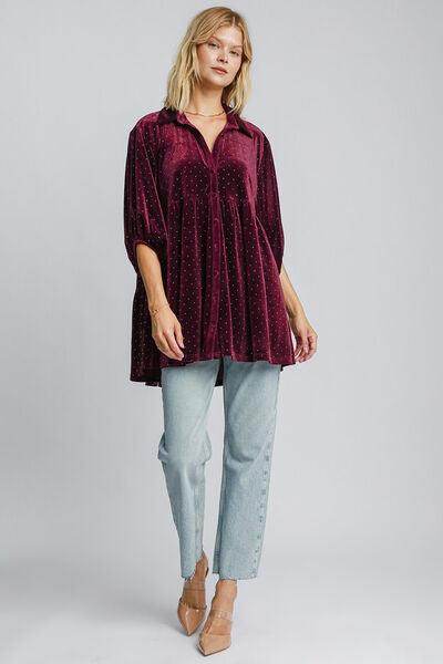 Umgee Full Size Polka Dot Button Up Half Sleeve Shirt - Selvanelle
