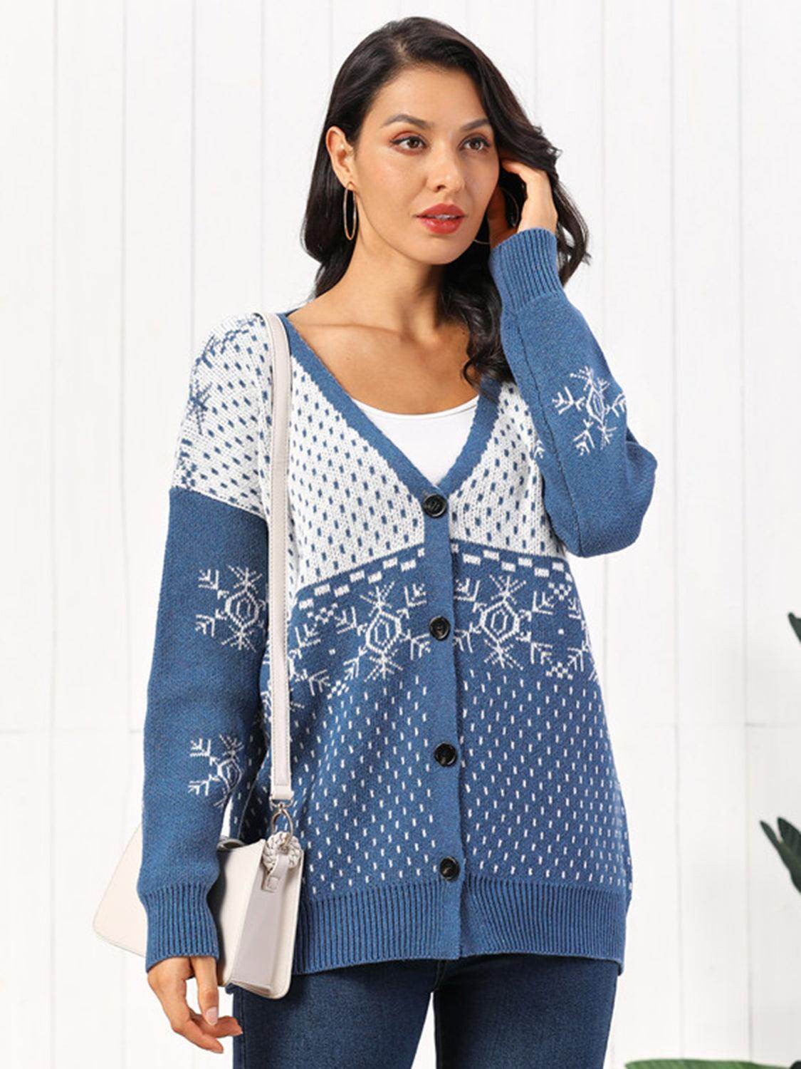 Snowflake Button Down Cardigan in Soft Stretchy Acrylic - Selvanelle