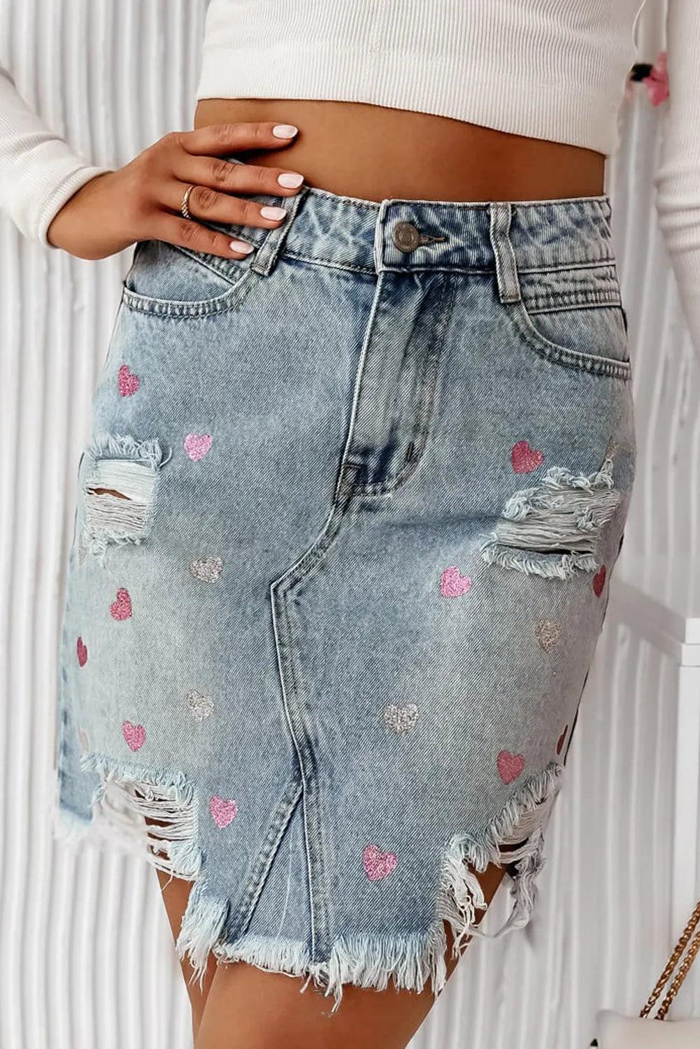 Distressed Raw Hem Heart Mini Denim Skirt for Women