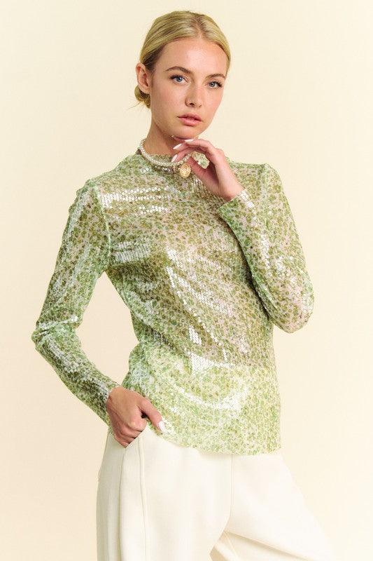 Davi & Dani Sequin Mock Neck Long Sleeve Mesh Top Glam