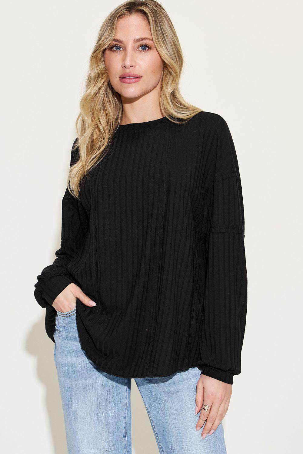 Basic Bae Full Size Ribbed Round Neck Long Sleeve T-Shirt - Selvanelle