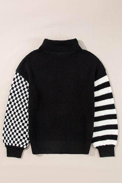 Striped & Checkered Turtleneck Dropped Shoulder Sweater - Selvanelle