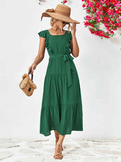Tie Belt Ruffled Tiered Dress for Chic Midi Style - Selvanelle