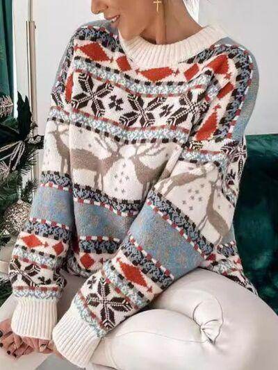 Geometric Round Neck Dropped Shoulder Sweater for Women - Selvanelle