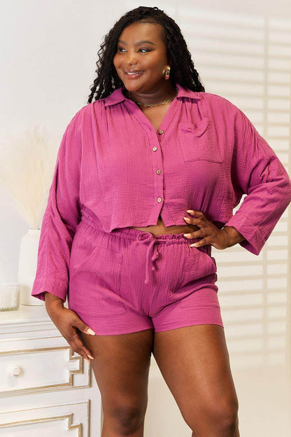 Basic Bae Buttoned Long Sleeve Top and Shorts Set for Summer - Selvanelle