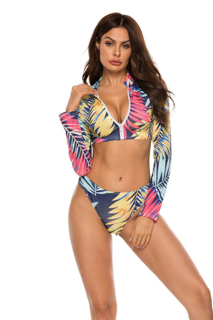 Printed Zip Up Three-Piece Swim Set - Selvanelle