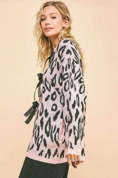 Davi & Dani Leopard Ribbon Tie Front Loose Fit Cardigan - Selvanelle