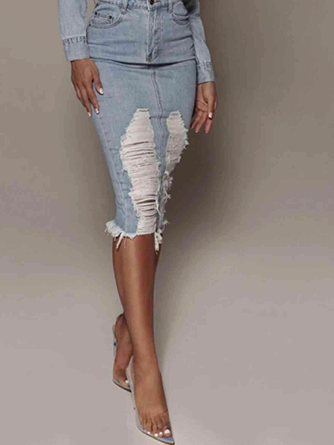 Distressed Slit Denim Skirt in 100 Percent Cotton Fabric - Selvanelle