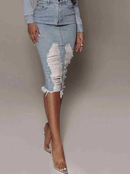 Distressed Slit Denim Skirt in 100 Percent Cotton Fabric - Selvanelle