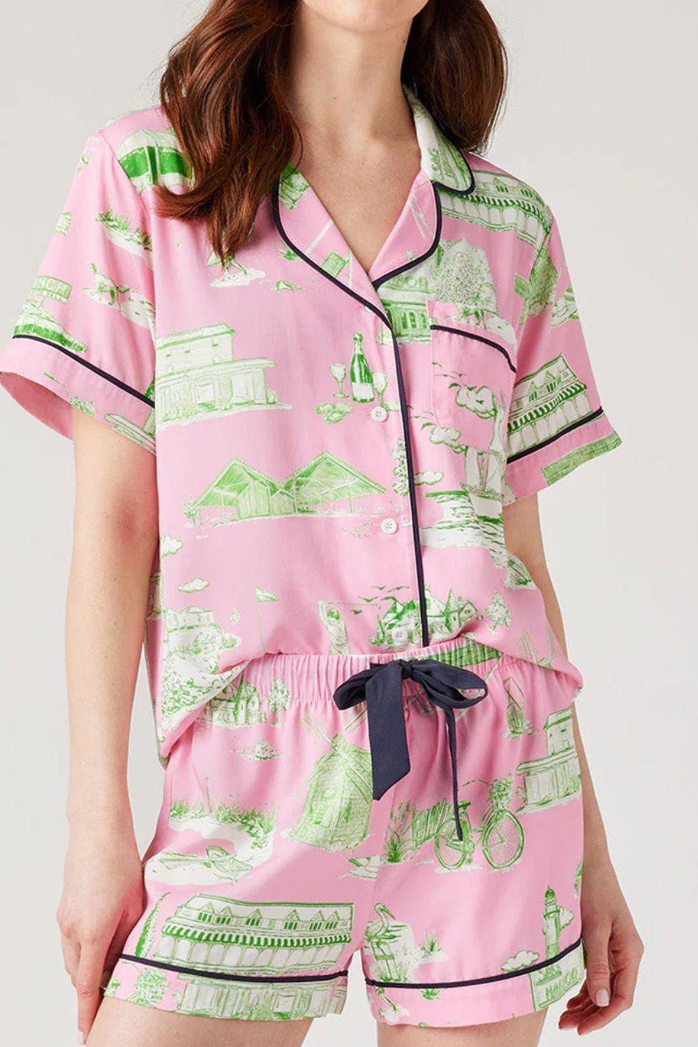 Collared Neck Printed Top and Drawstring Shorts Lounge Set