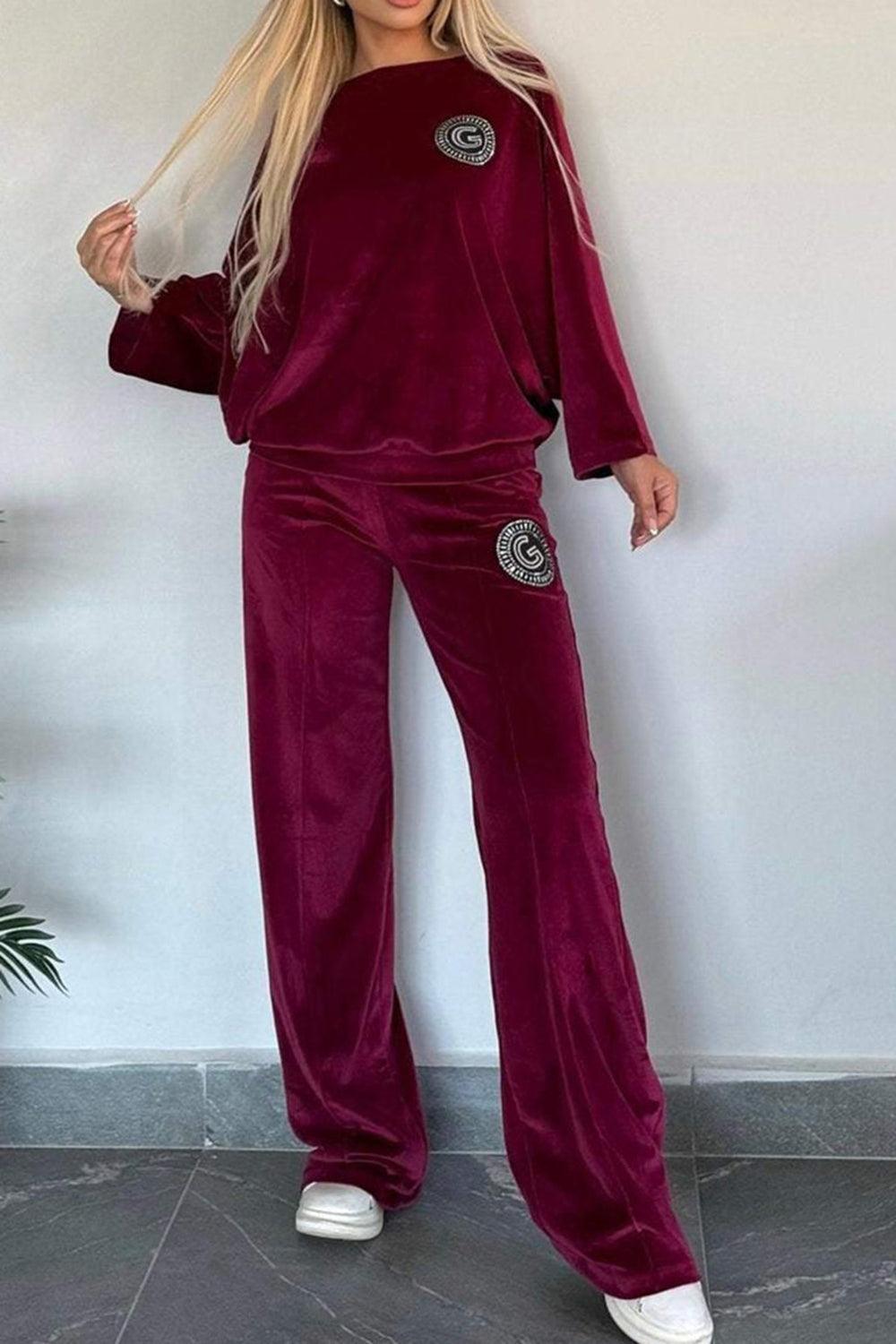 Full Size Boat Neck Long Sleeve Top and Pants Set Outfit