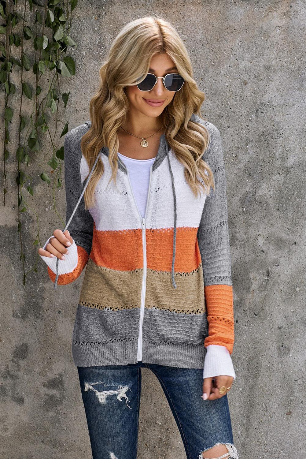 Zip-Up Raglan Sleeve Openwork Hooded Cardigan for Women