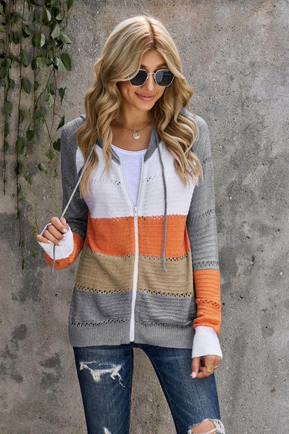 Zip-Up Raglan Sleeve Openwork Hooded Cardigan for Women - Selvanelle