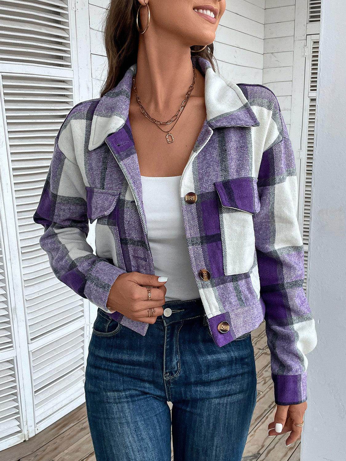 Perfee Plaid Button Up Drop Shoulder Cropped Jacket for Women - Selvanelle